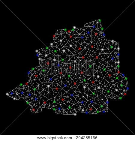 Bright Mesh Vatican Map With Lightspot Effect. Wire Frame Triangular Mesh In Vector Format On A Blac