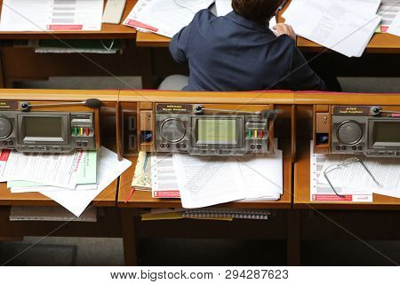 09.04.2019 Ukraine. Kiev. Verkhovna Rada Of Ukraine. The Workplace Of The Peoples Deputy Of Ukraine.
