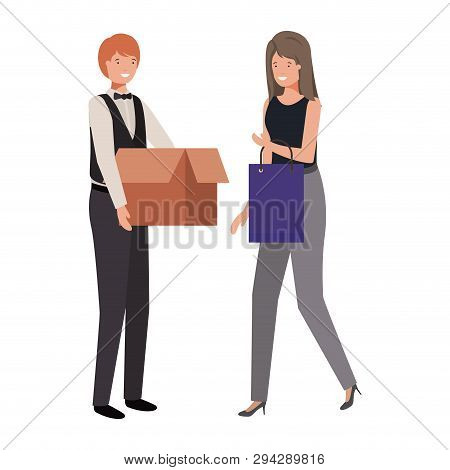 Cuople With Cardboard Box And Shopping Bag Vector Illustration Desing