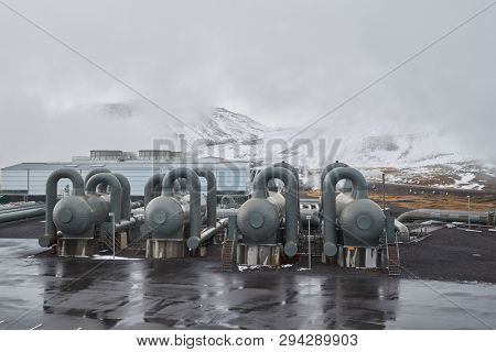 Geothermal power plant in Iceland, pipe stuctures and pressure tanks