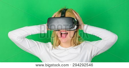 Young Woman Using A Virtual Reality Headset With Conceptual Network Lines. Excited Smiling Businessw