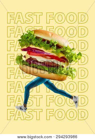 Fast Food. Male Fit Legs And Body As A Burger Or Sandwich With Bacon And Tomato Running Against Yell