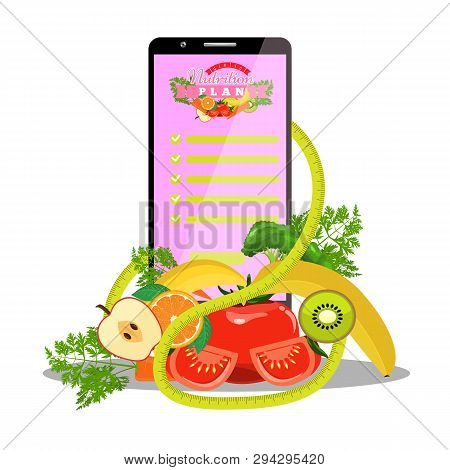Smartphone With App Of Diet Plan On Screen And Dietic Fruits, Vegetables, Measuring Tape Beside It. 
