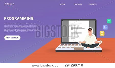 Programmer At Work Concept. Cartoon Character Man Does Programs In The Office, Program Code On The M