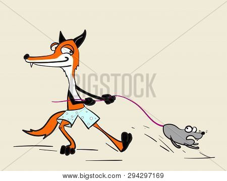 Cartoon Fox With Mouse Or Rat Caught By Tail