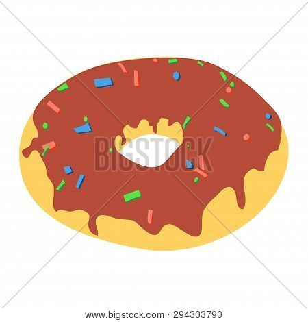 Donut With Chokolate Glaze Isolated On White Background. Unhealthy Sweet Dessert Snack. Vector Icon.