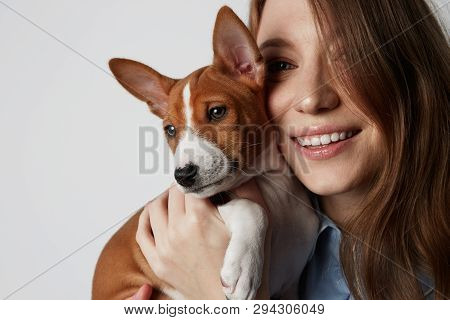 Handsome Redhead Hair Young Female Hugging And Kissing Her Puppy Basenji Dog. Love Between Dog And O