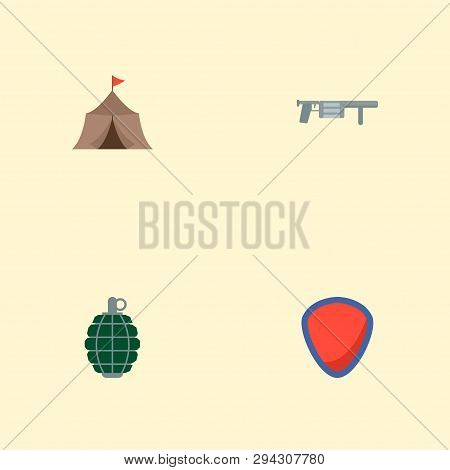 Set Of Game Icons Flat Style Symbols With Medieval Barracks, Shield, Grenade And Other Icons For You