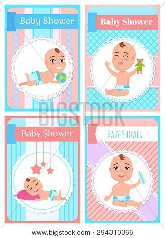Baby Shower Postcard In Striped, Child Lying Or Sitting In Diaper Holding Bottle Or Toy, Smiling Kid