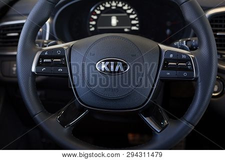 Russia, Izhevsk - April 4, 2019: Showroom Kia. Steering Wheel Of New Sorento Prime.