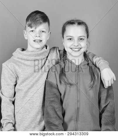 Teens Friends. Girl And Boy True Friendship. Children Smiling Faces On Violet Background. Friends Hu