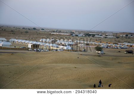 Jaisalmer, Rajasthan, India, November 2018, Tourist At Residential Tents, Sam Sand Dunes.