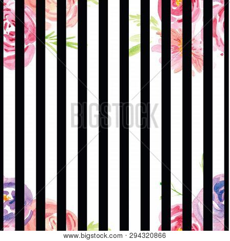 Hand-painted Watercolor Floral Rose Pattern. Illustration Of Decorative Floral Design For Wedding In