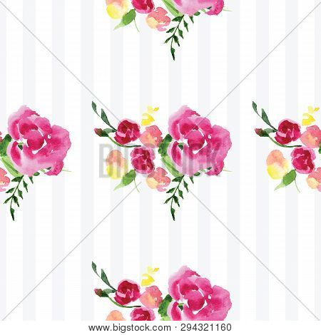 Hand-painted Watercolor Floral Rose Pattern. Illustration Of Decorative Floral Design For Wedding In