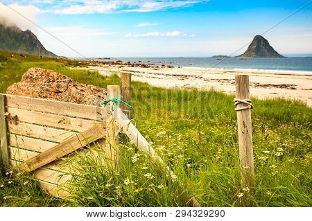 Seascape, Sea Coast With Sandy Beach And Island Bleiksoya In The Distance, Resort Bleik Andoya Norwa