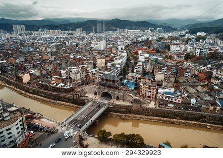 FUJIAN, CHINA â MARCH 2, 2018: Aerial view with historic architecture in Changting city in Fujian, China. 