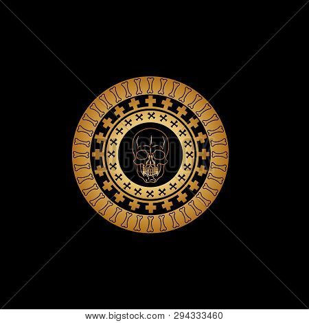 Gothic Circular Ornament With Patterns From The Crossed Tibial Bones And A Gold Vintage Skull In The
