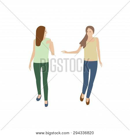 Two Girls Go And Talk. Young Women In Summer Clothes Chatting. Conversation Of Two People Walking. P