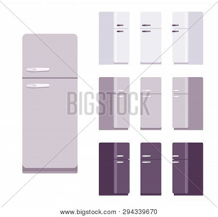 Retro Fridge Set, Kitchen Equipment. Refrigerator To Keep Cool, Appliance To Store Food And Drink Fr