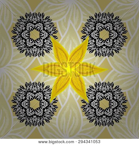 Flourish Ornamental Spring Garden Texture. Vector Illustration. Flowers On Beige, White And Yellow C