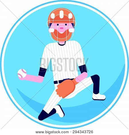 Vector Illustration. Baseball Cartoon Character In Flat Style. Baseball Player With Glove And Ball I