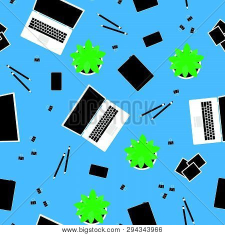 Seamless Pattern View From Above: Laptop, Mobile Phone, Notebook, Plant, Photo And Office Supplies