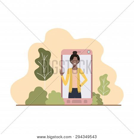 Young Woman In Smartphone With Landscape Vector Illustration Desing