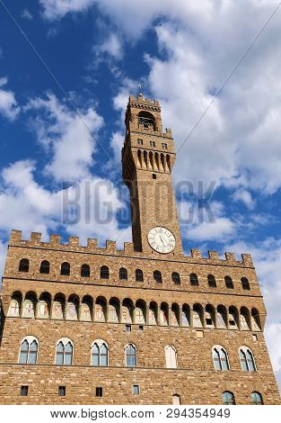 Florence In The Tuscany Region In Italy Clock Tower Building Called Palazzo Vecchio In The Main Squa