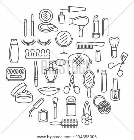 Beauty Cosmetic And Make Up Icon Set In Thin Line Style In Circle Templet