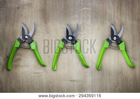 Garden Green Scissors Tool On Wooden Background. Top View.