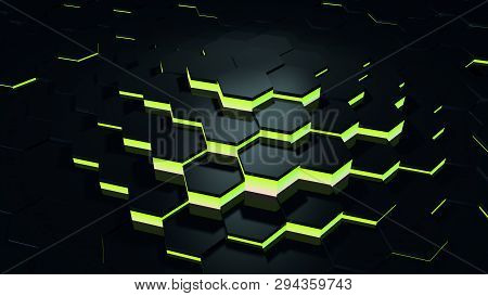 Black And Green Glowing Hexagon Background, 3d Render Geometric Pattern Wallpaper.