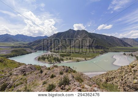 Panoramic View Of An Altai Mountain Katun River. Place Of Confluence Of Katun And Chuya Rivers. Summ