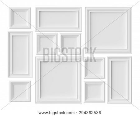 White Blank Picture Or Photo Frames Isolated On Whitel With Shadows, White Colorless Picture Frames 