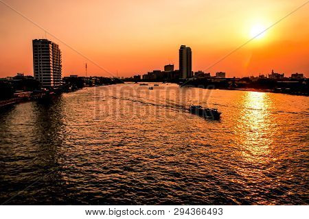 Bangkok City - Aerial View Chao Phraya River Bangkok City Urban Downtown Skyline Of Thailand At Suns