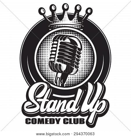 Monochrome Vector Illustration With Microphone And Wreath For Stand-up.