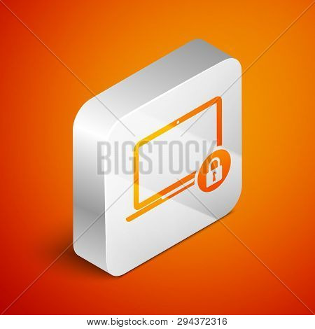 Isometric Laptop And Lock Icon Isolated On Orange Background. Computer And Padlock. Security, Safety