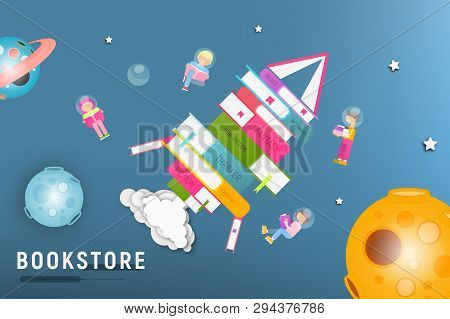 Bookstore Or Book Festival And Fair Poster Design. Small Characters Reading Books In Space Near Book