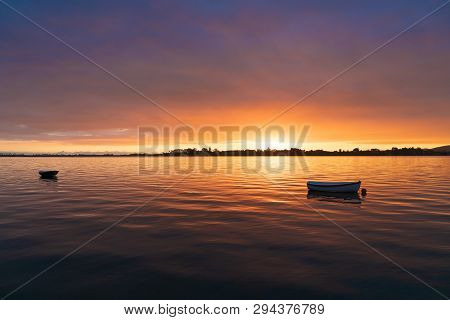 Cloudy Dark Intense Sunrise Over Tauranga Harbor New Zealand