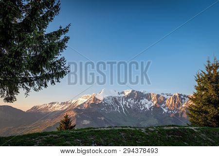 Sunset View From Border Road Of Slovenia And Italy To Mountain Range Krn In Triglav National Park In