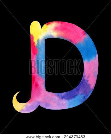 Hand Painted Watercolor English Letter D Whit Gentel Pink, Blue, Purple And Yellow Splashes