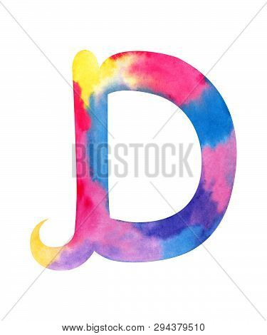 Hand Painted Watercolor English Letter D Whit Gentel Pink, Blue, Purple And Yellow Splashes