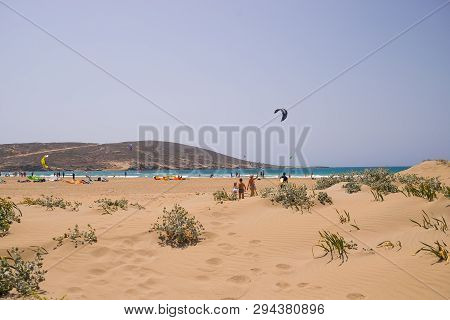 Rhodes Island , Prassonisi Beach, 23 July 2018 , Greece.unidentified Kitesurfers Practicing Kitesurf