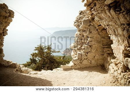 Ruins Of A Church In Monolithos Castle And Beautiful Landscape View, Rhodes Island, Greece.view Out 