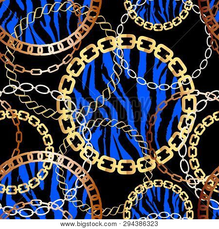 Fashion Seamless Pattern With Golden Chains And Tiger Print. Fabric Design Background With Chain, Me