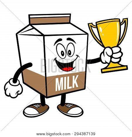 Chocolate Milk Carton Mascot With A Trophy - A Cartoon Illustration Of A Chocolate Milk Carton Masco