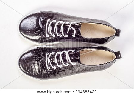 Womens Flat Photo Black Shoes Isolated On White Background