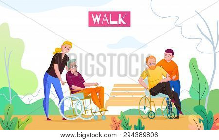 Nursing Home Outdoor Activities With Medical Attendant And Volunteer Walking With Wheelchair Bounded