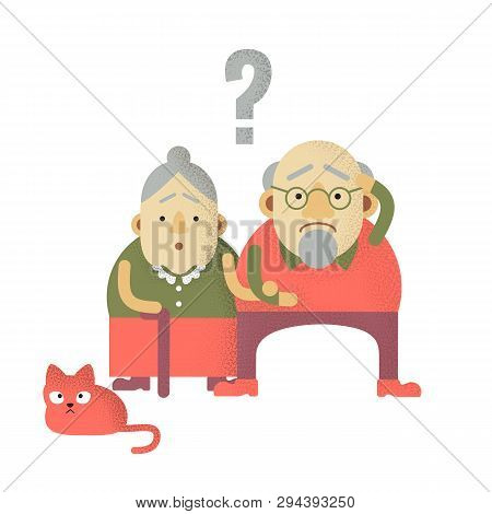Elderly Man And Woman With Dementia In Confused State Of Mind, Their Domestic Cat Is Upset Too