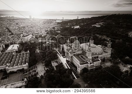 aerial view at sunrise in Montjuic Barcelona