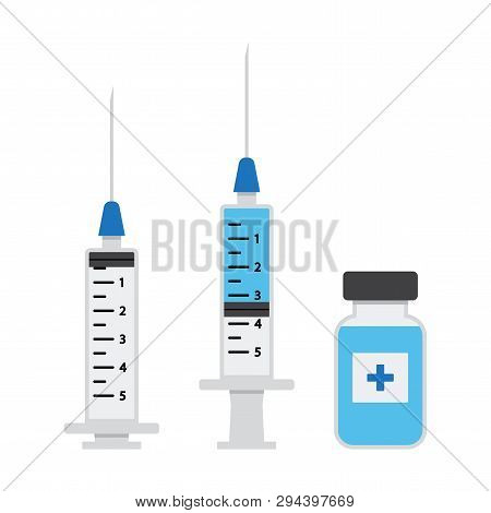 Empty Syringe For Injection, Syringe With Blue Vaccine, Vial Of Medicine. Vector Illustration